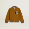 Blouson bomber en laine pour enfant, couleur jaune ocre, avec patch