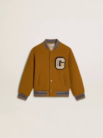 Blouson bomber en laine pour enfant, couleur jaune ocre, avec patch
