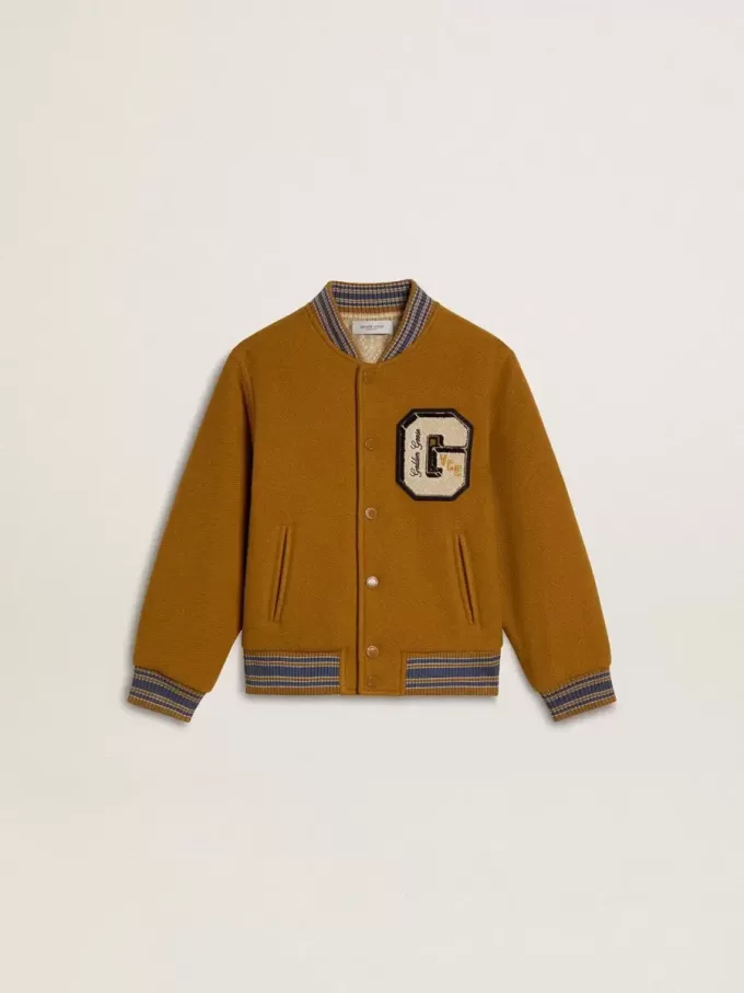 Blouson bomber en laine pour enfant, couleur jaune ocre, avec patch