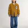 Blouson bomber en laine pour enfant, couleur jaune ocre, avec patch