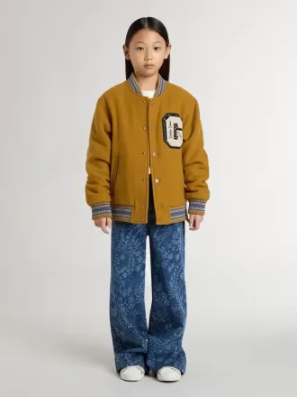 Blouson bomber en laine pour enfant, couleur jaune ocre, avec patch
