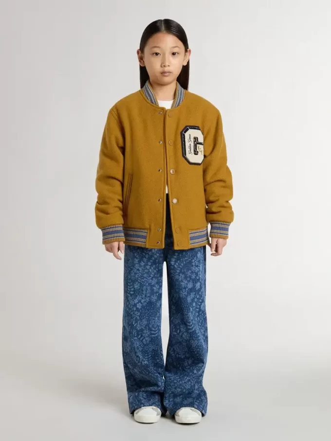 Blouson bomber en laine pour enfant, couleur jaune ocre, avec patch