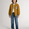 Blouson bomber en laine pour enfant, couleur jaune ocre, avec patch