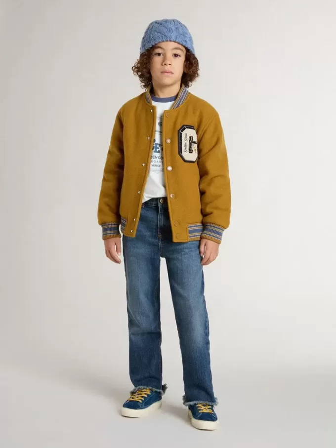 Blouson bomber en laine pour enfant, couleur jaune ocre, avec patch