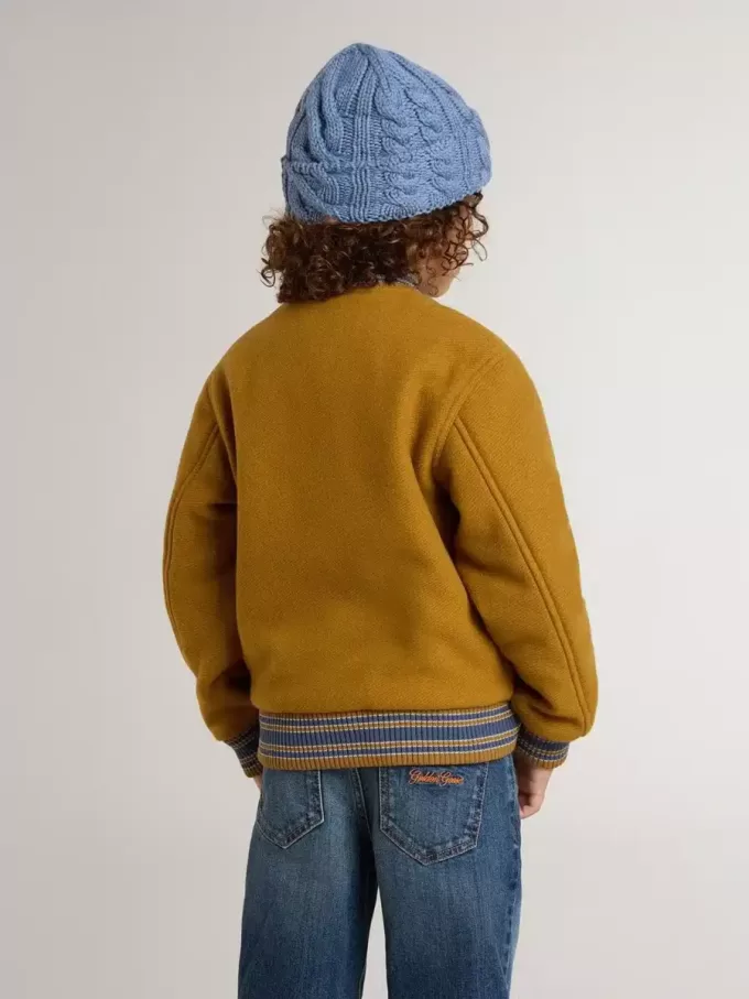 Blouson bomber en laine pour enfant, couleur jaune ocre, avec patch