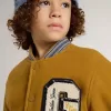 Blouson bomber en laine pour enfant, couleur jaune ocre, avec patch