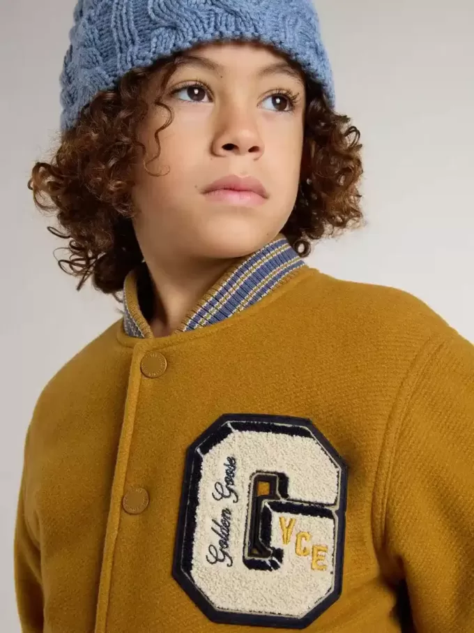 Blouson bomber en laine pour enfant, couleur jaune ocre, avec patch