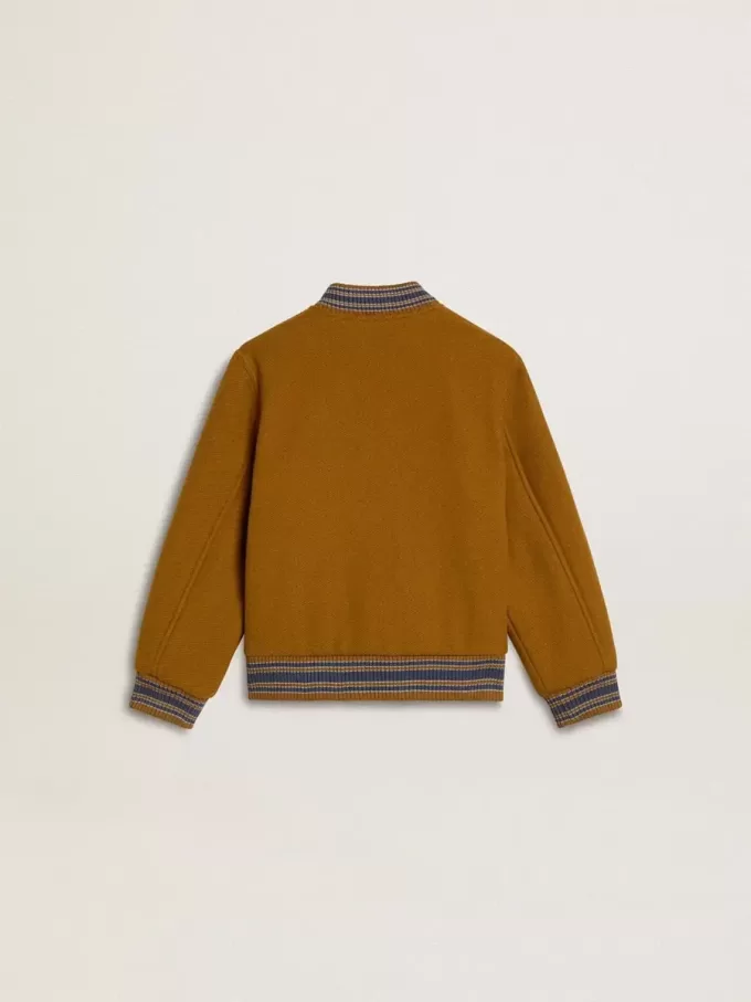 Blouson bomber en laine pour enfant, couleur jaune ocre, avec patch