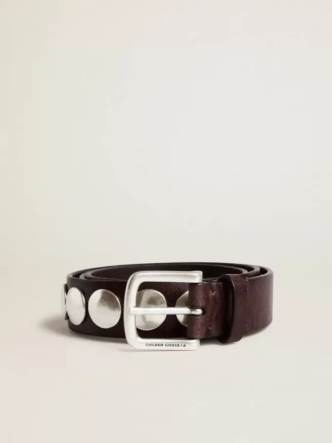 Ceinture Trinidad en cuir marron foncé avec maxi clous argentés