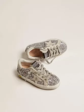 Junior Super-Star argent pailleté avec étoile en daim gris glacier