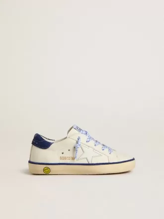 Junior Super-Star en cuir blanc avec talon en daim bleu Junior Super-Star en cuir blanc avec talon en daim bleu