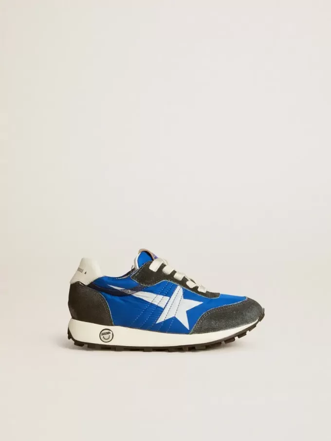 Marathon Junior en nylon bleu avec étoile imprimée et languette en cuir au talon Marathon Junior en nylon bleu avec étoile imprimée et languette en cuir au talon