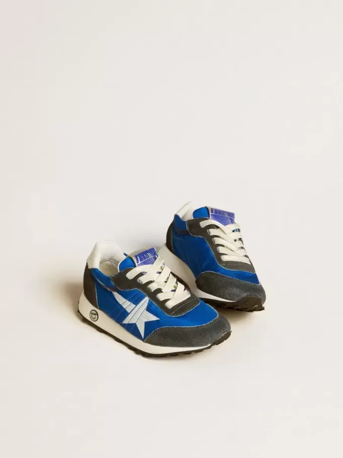 Marathon Junior en nylon bleu avec étoile imprimée et languette en cuir au talon Marathon Junior en nylon bleu avec étoile imprimée et languette en cuir au talon