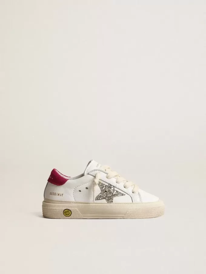 May Young en cuir nappa avec étoile pailletée platine et languette magenta au talon