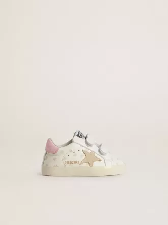Modèle Baby School en cuir nappa avec motif floral rose et étoile en daim beige