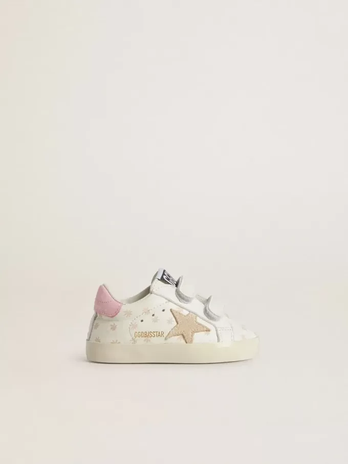 Modèle Baby School en cuir nappa avec motif floral rose et étoile en daim beige Modèle Baby School en cuir nappa avec motif floral rose et étoile en daim beige