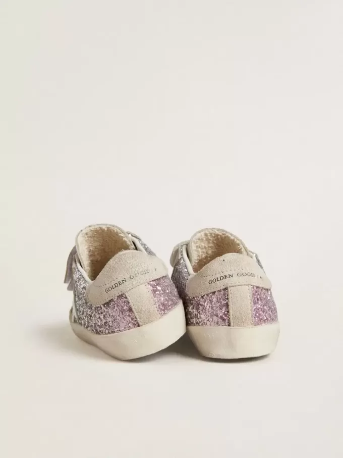 Modèle Junior Old School argent et rose pailleté avec étoile en cuir blanc Modèle Junior Old School argent et rose pailleté avec étoile en cuir blanc