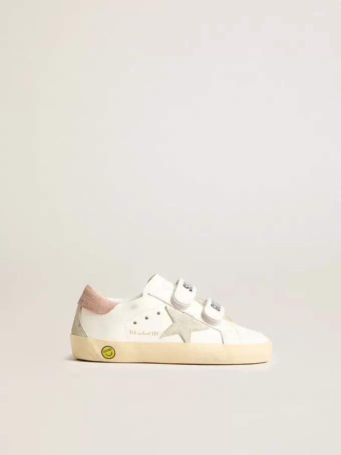 Modèle Junior Old School en cuir avec étoile en daim gris et languette talon en cuir vieil rose