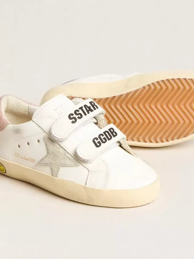 Modèle Junior Old School en cuir avec étoile en daim gris et languette talon en cuir vieil rose
