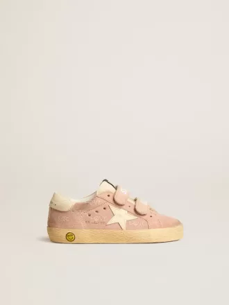 Modèle Old School Junior en daim rose avec étoile et languette au talon en cuir crème