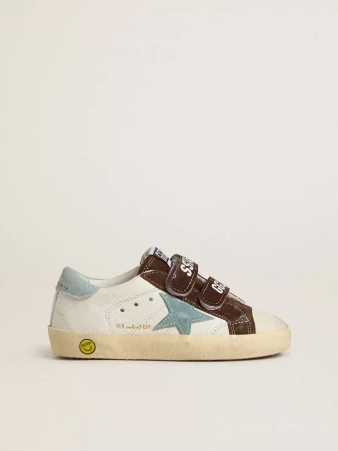 Modèle Teen Old School en cuir nappa avec étoile en daim bleu clair et empiècements en daim marron