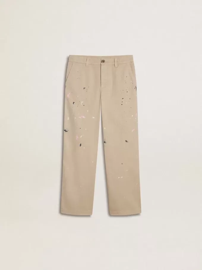 Pantalon chino beige pour enfant avec éclaboussures multicolores