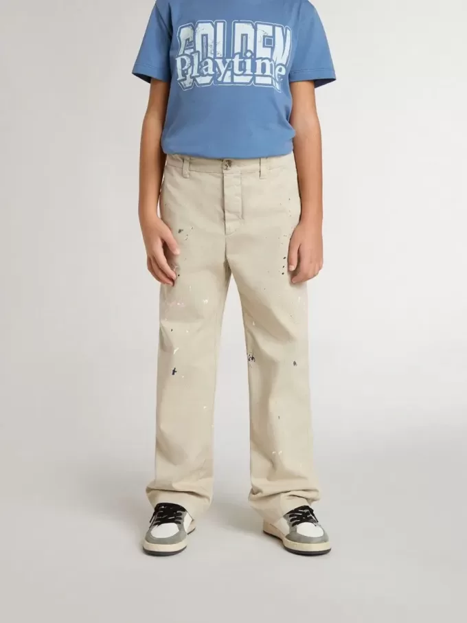 Pantalon chino beige pour enfant avec éclaboussures multicolores