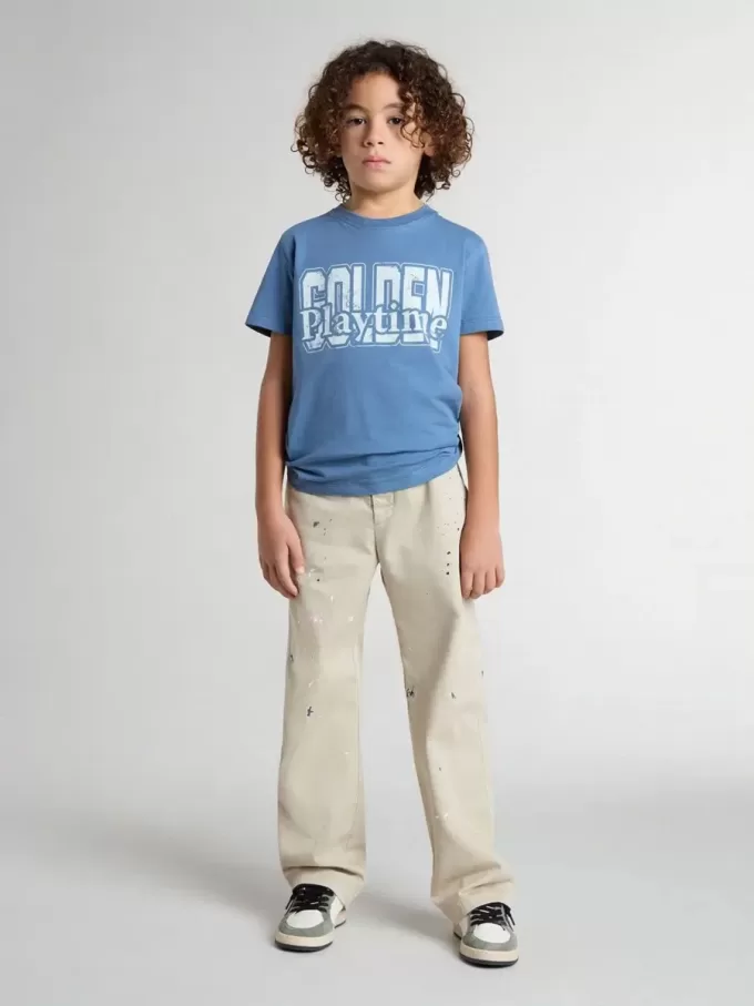 Pantalon chino beige pour enfant avec éclaboussures multicolores
