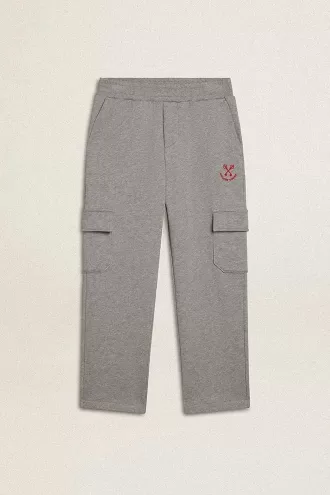 Pantalon de jogging cargo en coton gris chiné avec broderies