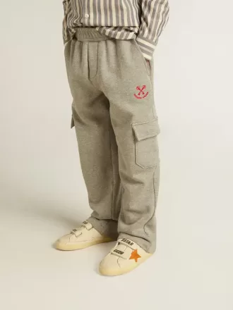 Pantalon de jogging cargo en coton gris chiné avec broderies
