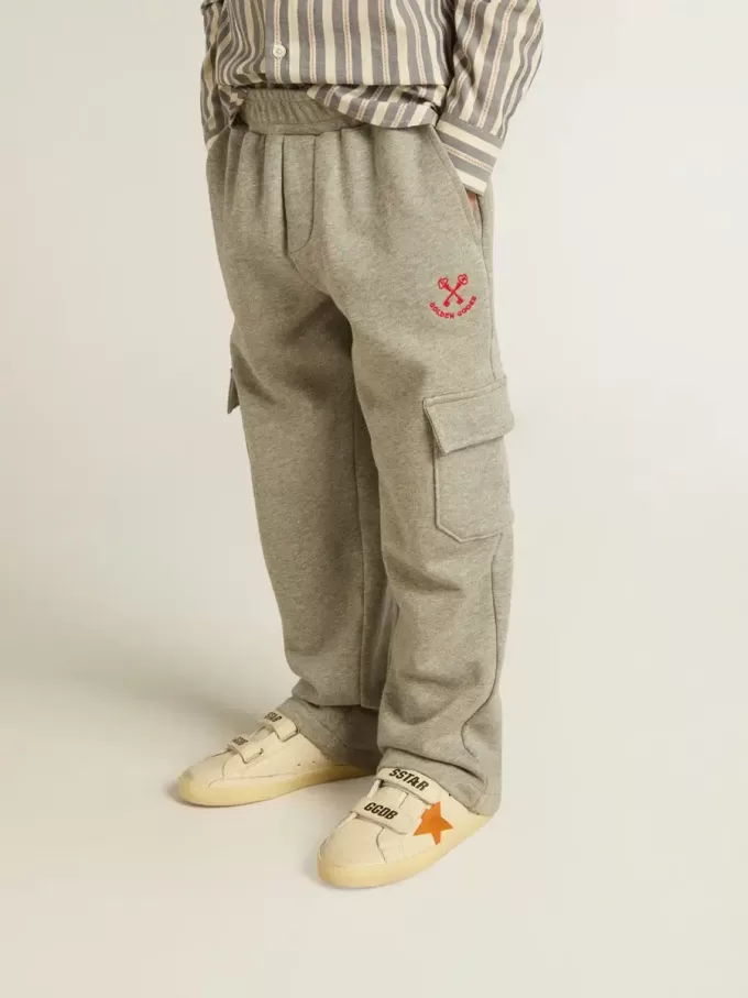 Pantalon de jogging cargo en coton gris chiné avec broderies