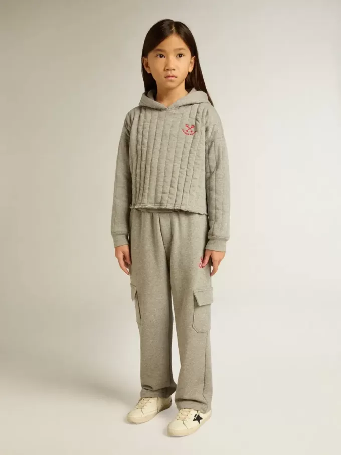 Pantalon de jogging cargo en coton gris chiné avec broderies