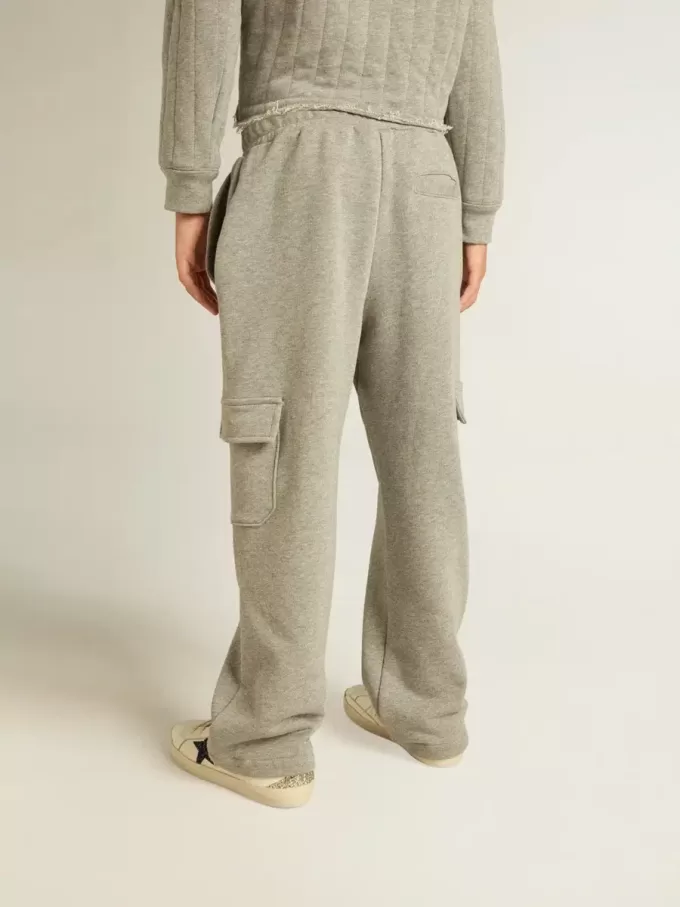 Pantalon de jogging cargo en coton gris chiné avec broderies