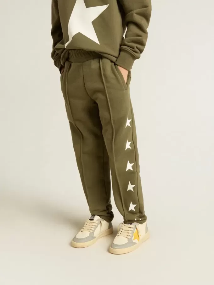 Pantalon de jogging vert militaire pour garçon avec étoiles blanches