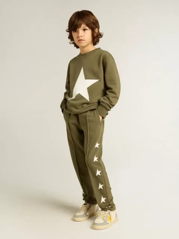 Pantalon de jogging vert militaire pour garçon avec étoiles blanches