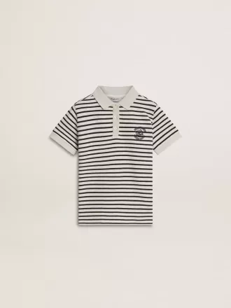 Polo blanc en coton pour garçon avec rayures bleu marine et broderies