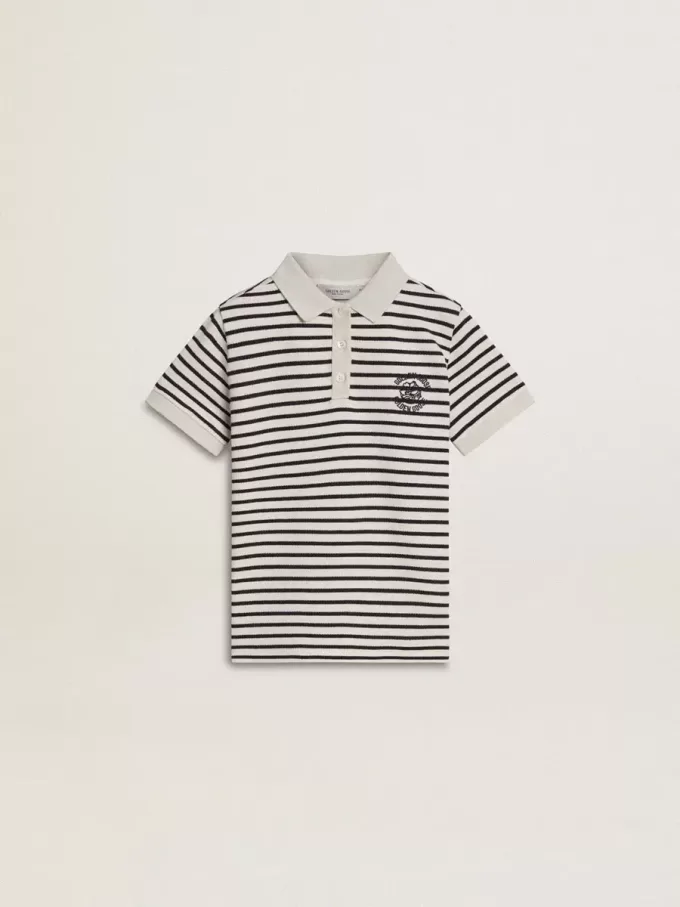 Polo blanc en coton pour garçon avec rayures bleu marine et broderies