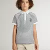 Polo blanc en coton pour garçon avec rayures bleu marine et broderies