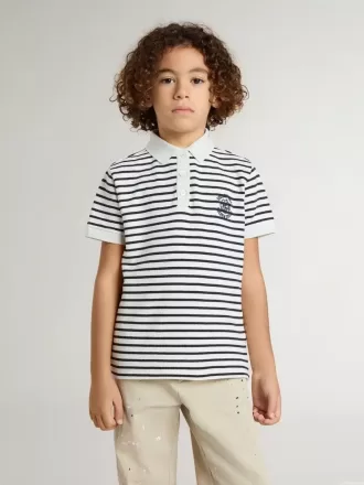Polo blanc en coton pour garçon avec rayures bleu marine et broderies