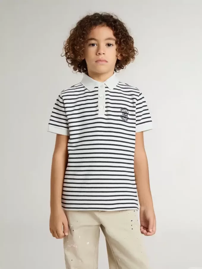 Polo blanc en coton pour garçon avec rayures bleu marine et broderies
