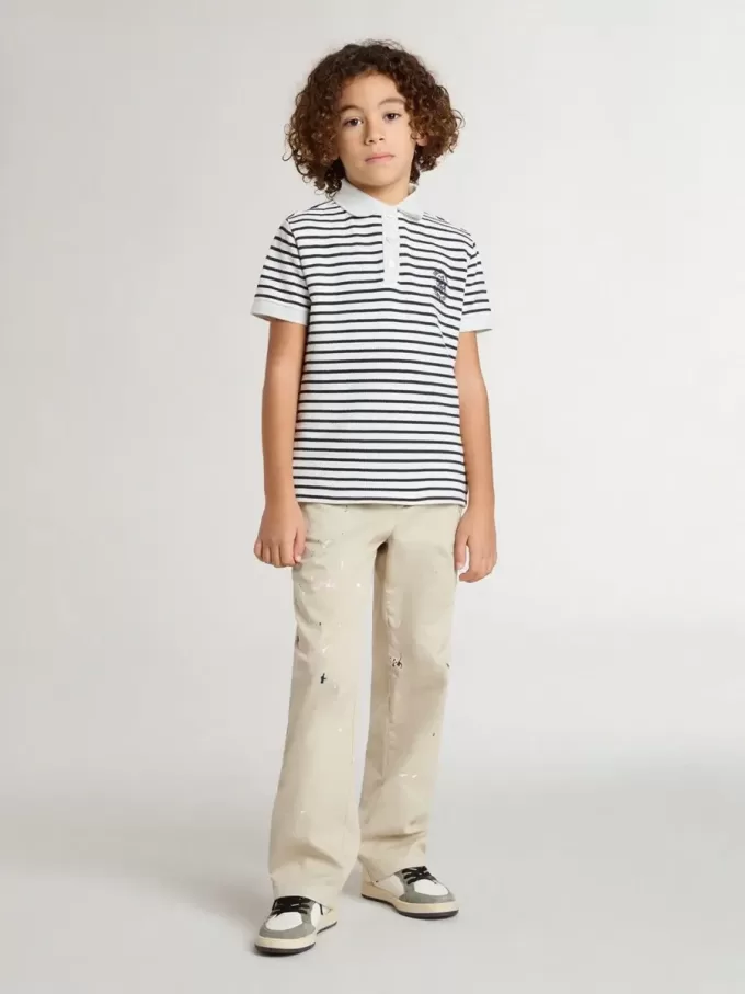 Polo blanc en coton pour garçon avec rayures bleu marine et broderies