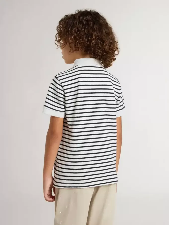 Polo blanc en coton pour garçon avec rayures bleu marine et broderies