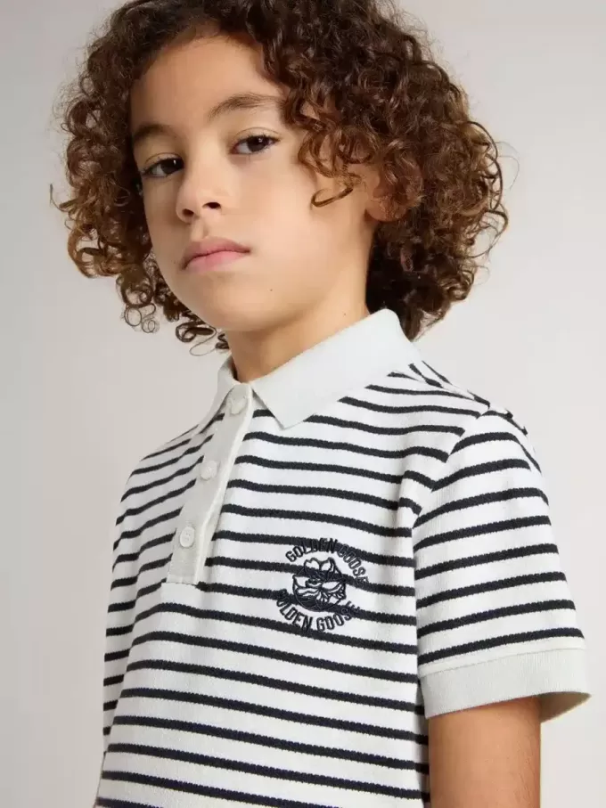 Polo blanc en coton pour garçon avec rayures bleu marine et broderies