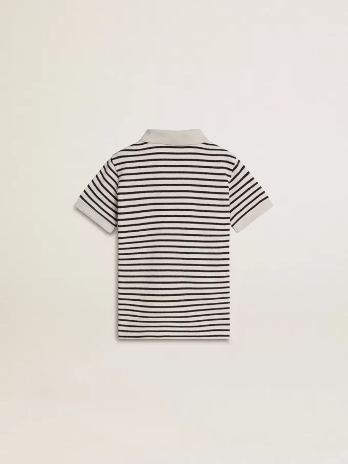 Polo blanc en coton pour garçon avec rayures bleu marine et broderies