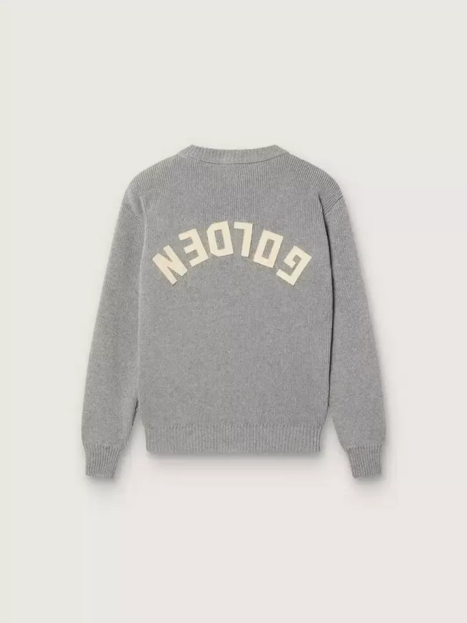Pull Golden unisexe pour enfants en gris chiné côtelé avec logo dans le dos