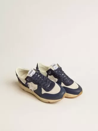 Running Sole en maille crème et cuir bleu avec une étoile en cuir blanc