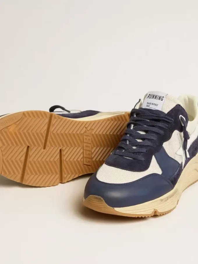 Running Sole en maille crème et cuir bleu avec une étoile en cuir blanc