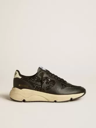 Running Sole pour femme, en noir pailleté, avec étoile en cuir et languette en nubuck au talon