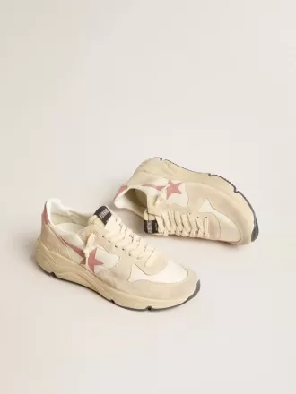 Running Sole pour femme en nylon beige avec étoile et languette au talon en cuir rose
