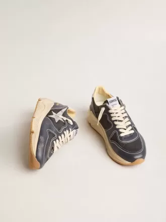 Running Sole pour homme en cuir nappa bleu foncé et nylon noir avec une étoile argentée Running Sole pour homme en cuir nappa bleu foncé et nylon noir avec une étoile argentée
